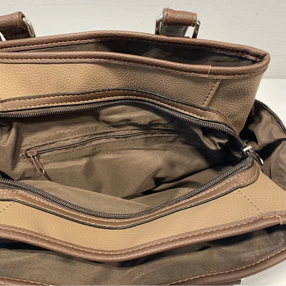 Faux Leather Double Opening Center Zip Purse Hobo‎ Bag Brown And Tan
